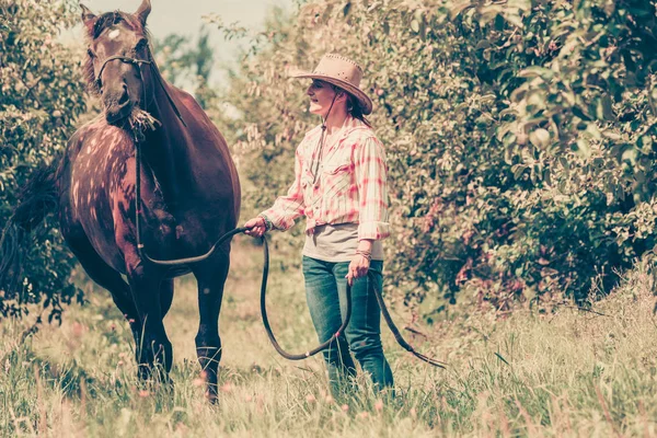 Westerse vrouw lopen op groene weide met paard — Stockfoto