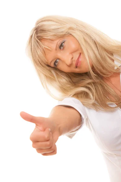 Mature woman giving thumbs up sign isolated — Stock Photo, Image