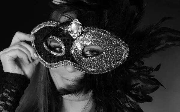 Woman holding carnival mask closeup — Stock Photo, Image