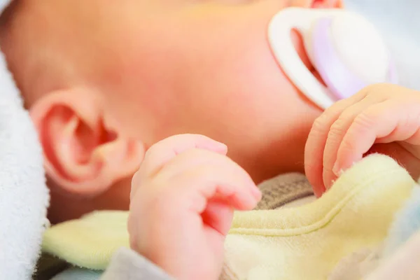 Closeup of little newborn sleeping with teat in mouth — Stock Photo, Image