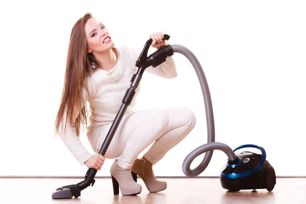 Funny girl with vacuum cleaner. Housework — Stock Photo, Image