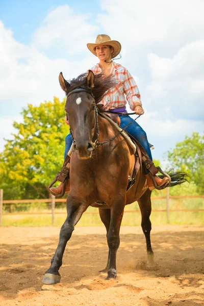 Cowgirl doing horse riding on countryside meadow — Stock Photo, Image
