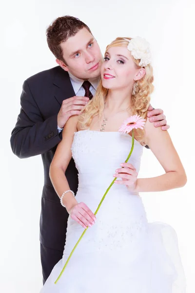 Happy groom and bride posing for marriage photo Royalty Free Stock Photos