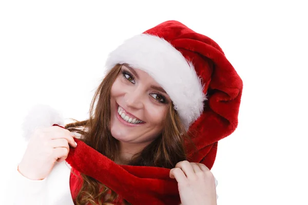Frau mit Weihnachtsmann-Hut frei und glücklich — Stockfoto