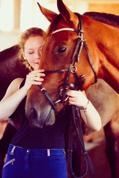 Vrouw knuffelen bruin paard in stal — Stockfoto