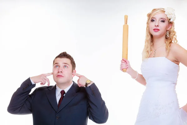 Groom and bride having quarrel argument — Stock Photo, Image