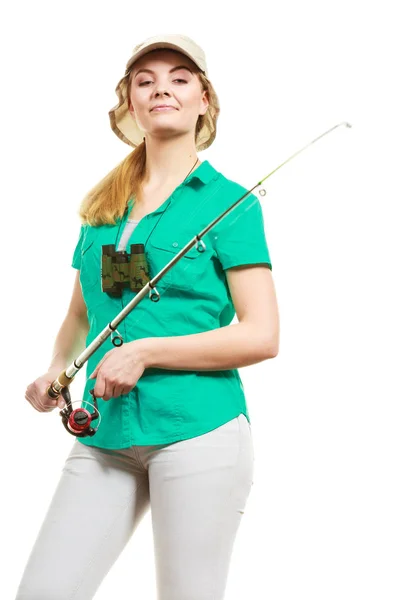 Donna con canna da pesca, filatura — Foto Stock