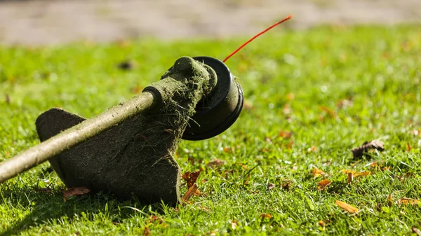 Mower brushcutter on green grass — Stock Photo, Image