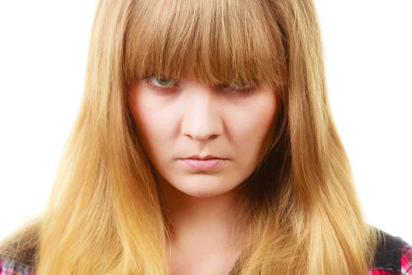 Angry looking woman, face covered in fringe — Stock Photo, Image