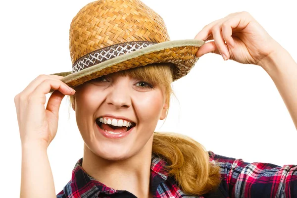 Portait smiling woman wearing sun hat and shirt — Stock Photo, Image