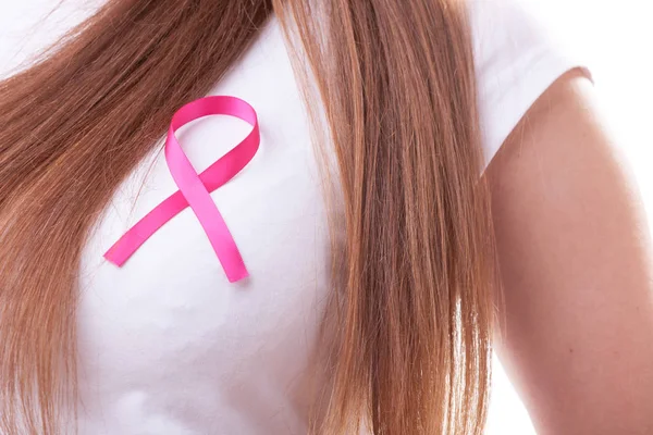 Pink ribbon on woman chest to support breast cancer cause — Stock Photo, Image