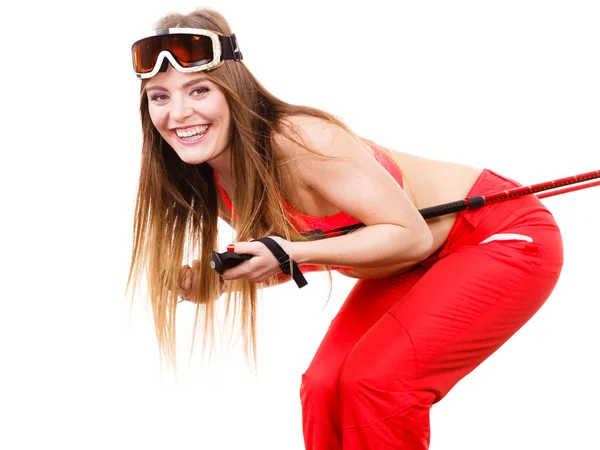 Redo att rida kvinna som bär ski suit hålla polackerna — Stockfoto