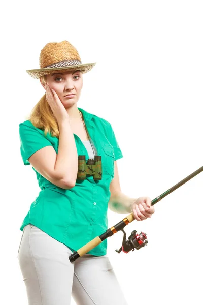 Mulher com haste de pesca, equipamento de fiação — Fotografia de Stock