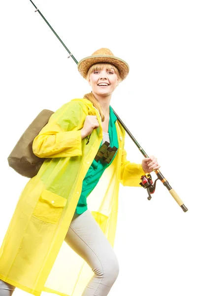 Mujer con caña de pescar, equipo de spinning —  Fotos de Stock
