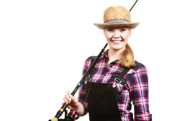 Happy woman in sun hat holding fishing rod — Stock Photo, Image