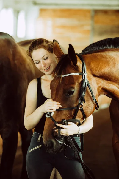 Átölelve barna ló a stabil nő — Stock Fotó