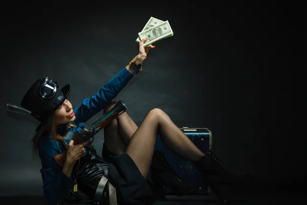 Steampunk girl with cash. — Stock Photo, Image