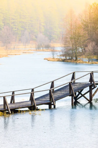 Ponte velha, de madeira, pequena em lago congelado — Fotografia de Stock