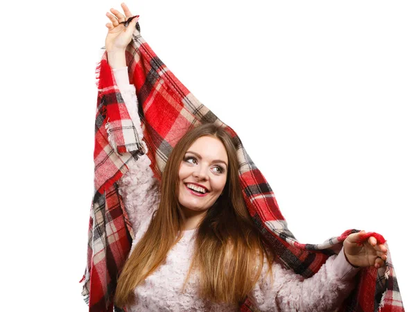 Woman wearing warm scarf warming herself up — Stock Photo, Image