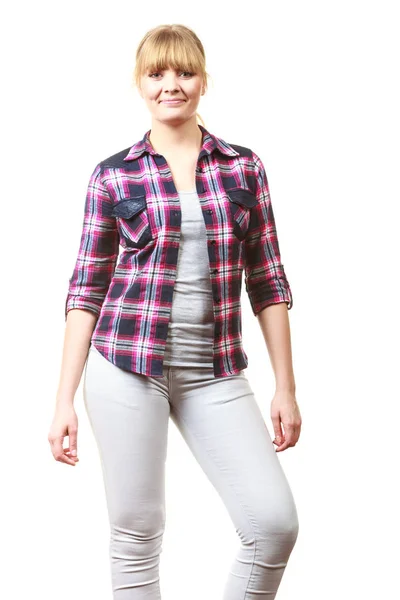 Happy cheerful looking woman in checkered shirt — Stock Photo, Image