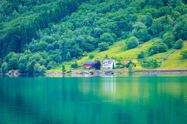 Case di campagna norvegesi in montagna sulla riva del lago — Foto Stock
