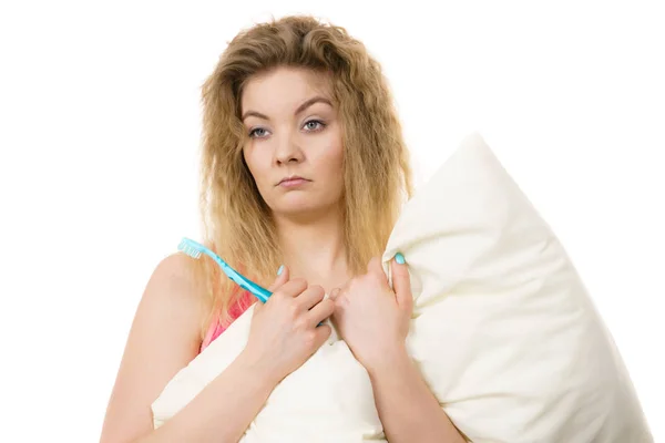 Sleepy woman hugging white pillow — Stock Photo, Image