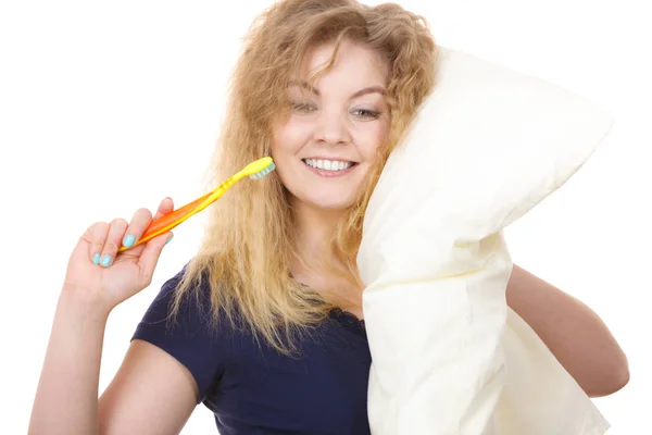 Sleepy happy woman hugging white pillow — Stock Photo, Image