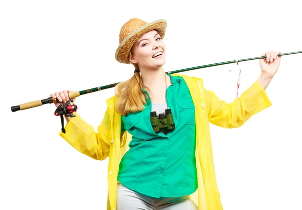 Woman with fishing rod, spinning equipment — Stock Photo, Image