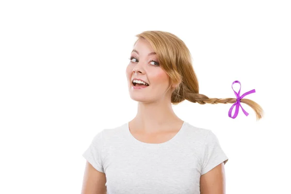Teenage girl in braid hair making happy face — Stock Photo, Image