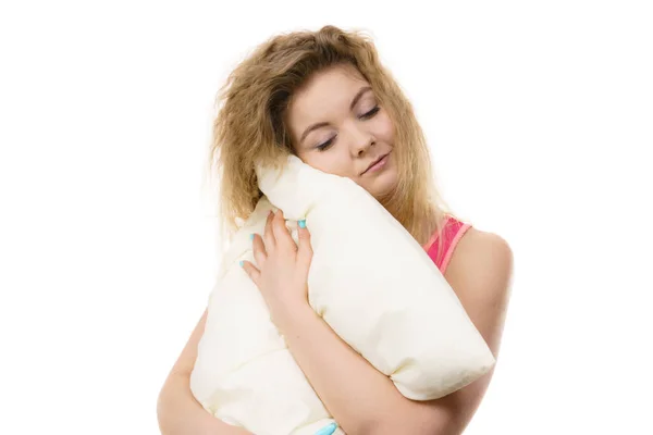 Sleepy woman hugging white pillow — Stock Photo, Image