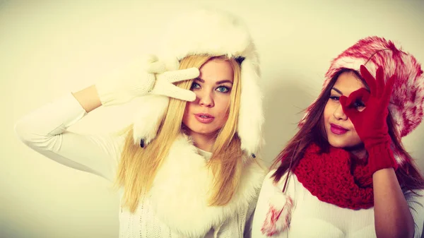 Duas meninas roupas quentes de inverno se divertindo . — Fotografia de Stock