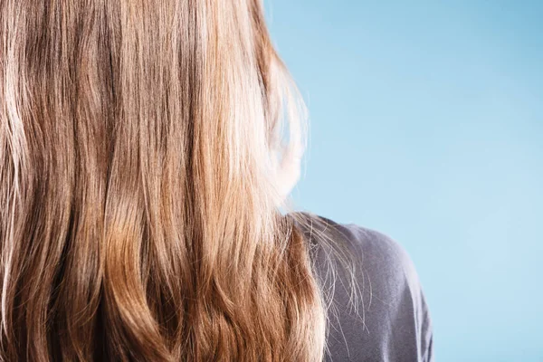 Feminino com cabelos castanhos lisos visão traseira em azul — Fotografia de Stock