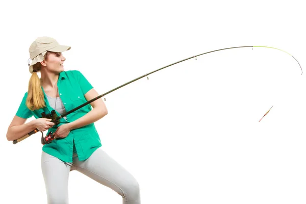 Mulher com haste de pesca, equipamento de fiação — Fotografia de Stock