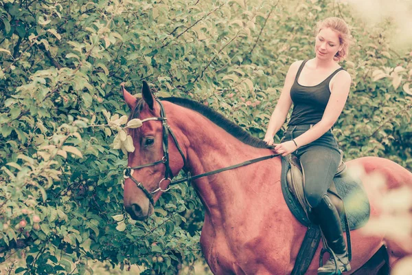 Jovem mulher sentada em um cavalo — Fotografia de Stock