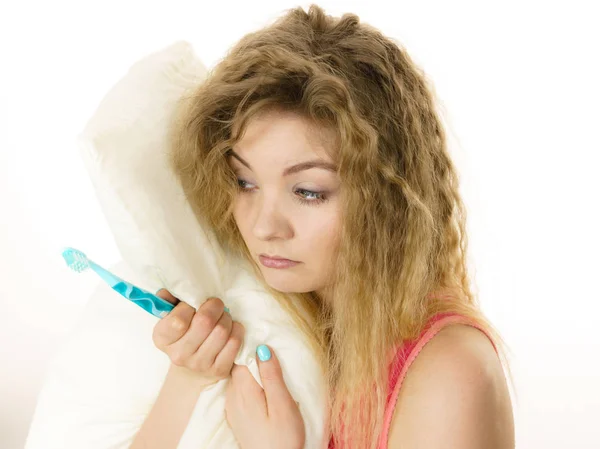 Sleepy woman hugging white pillow — Stock Photo, Image