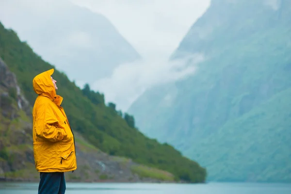 Tourist mit Blick auf Berge und Fjordnorwegen, Skandinavien. — Stockfoto