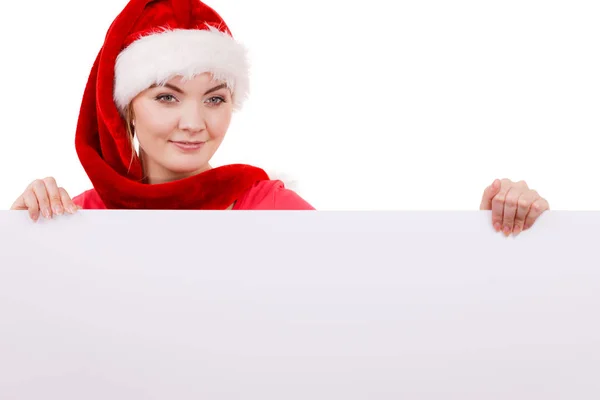 Woman with blank empty banner board. Christmas — Stock Photo, Image