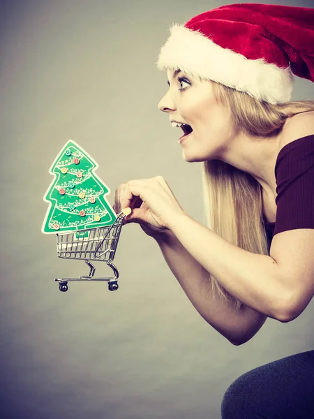 Santa woman holding shopping cart with christmas gifts — Stock Photo, Image