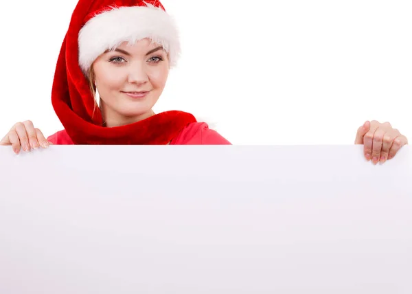 Mujer con cartelera vacía en blanco. Navidad — Foto de Stock