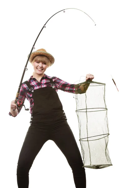 Happy woman holding fishing rod and keepnet — Stock Photo, Image