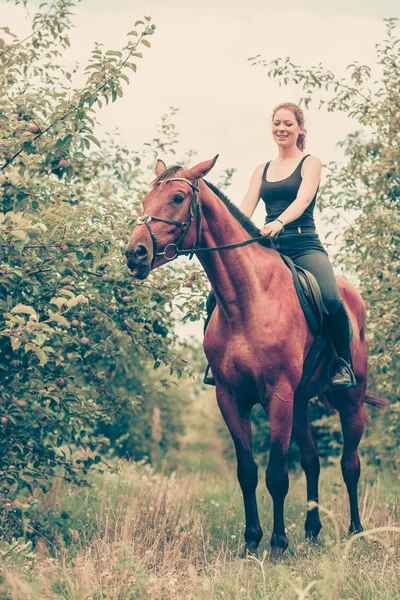 Jeune femme assise sur un cheval — Photo