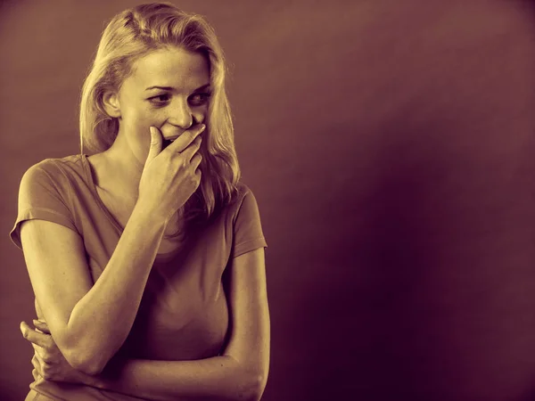 Sleepy, tired, yawning woman covering mouth — Stock Photo, Image