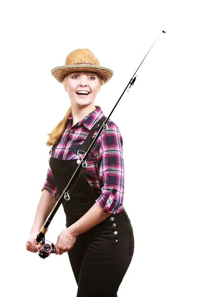女人拿着钓鱼竿望着浮法 — 图库照片