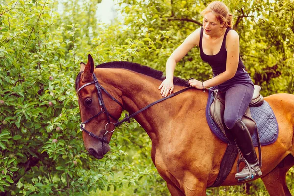 Ung kvinna smeka och sitter på häst — Stockfoto