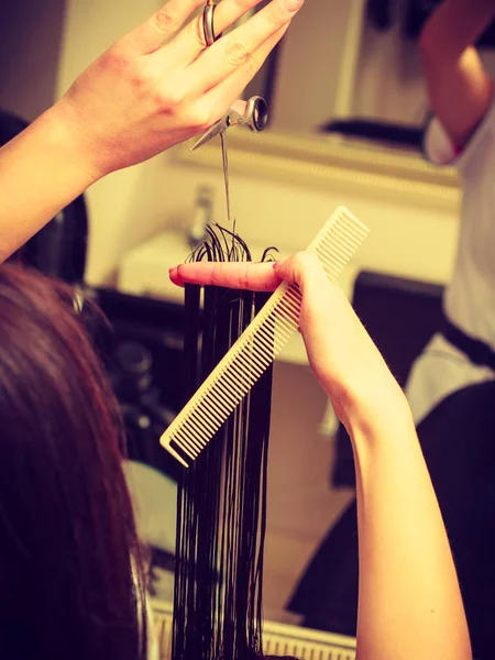 Salon fryzjerski cięcia ciemne włosy przy użyciu profesjonalnych nożyczek — Zdjęcie stockowe