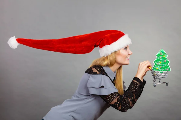 Σάντα γυναίκα που κρατά το καλάθι με τα δώρα Χριστουγέννων — Φωτογραφία Αρχείου