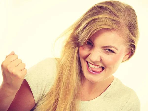 Happy positive blonde woman clenching fists — Stock Photo, Image