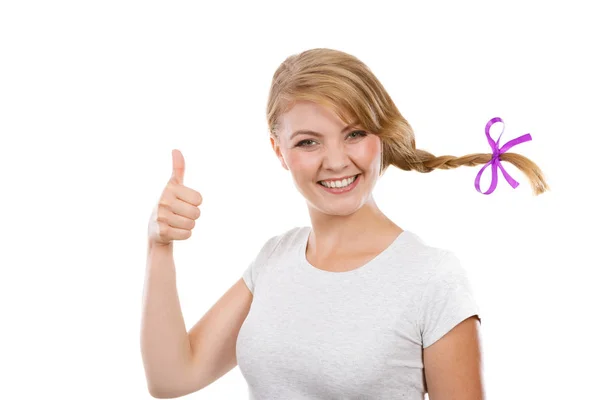 Teenage girl in braid hair making happy face — Stock Photo, Image