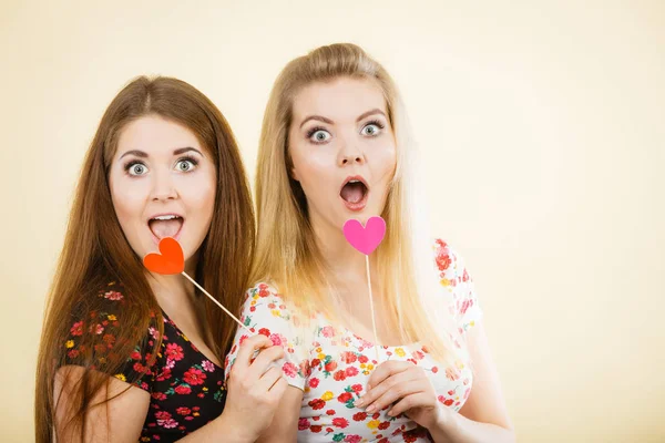 Deux femmes heureuses tenant le cœur sur le bâton — Photo