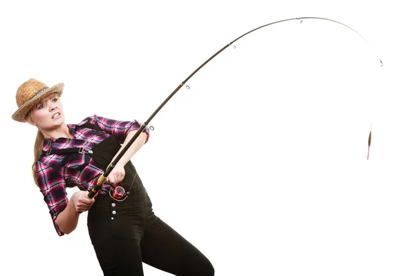 Shocked woman in sun hat holding fishing rod — Stock Photo, Image